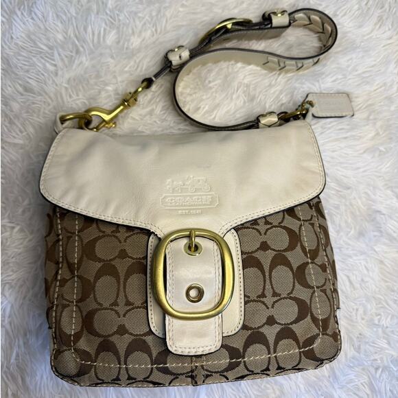 y2k COACH 2007 Bleeker 11434 Brown Bone Canvas Flap Shoulder Bag - Picture 1 of 13